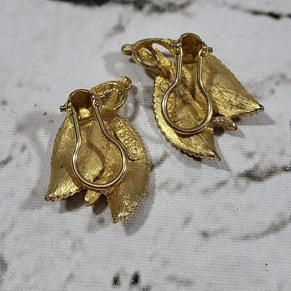 Vtg RSK Goldtone Leaves‎ Clip Earrings 1